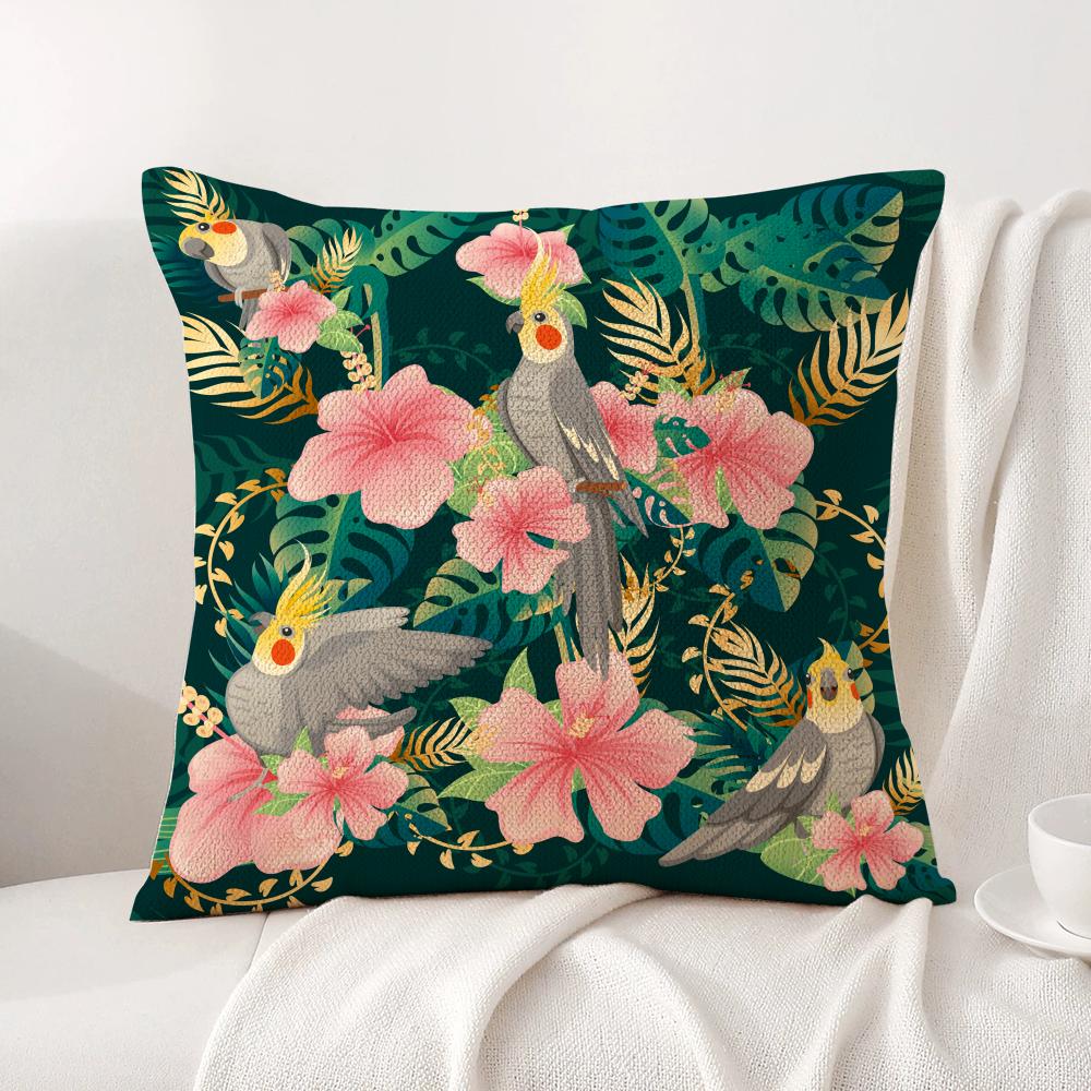 Tropical Parrots Flowers Palm Leaves Cushion Cover Natural Linen Organic Fabric DoubleSided Printing Breathable Perfect Decor
