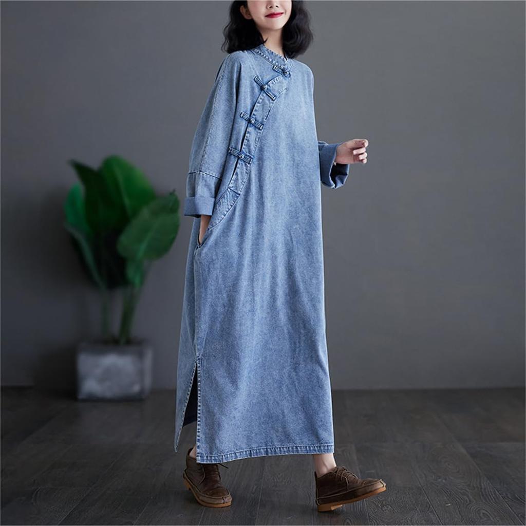 ZHENGTU Cheongsam Denim Long Sleeve Tunic Maxi Dress with Chinese Sizes Women's Dress, Dress, Ethnic, Figure-Flattering, Slit, Style, Retro,