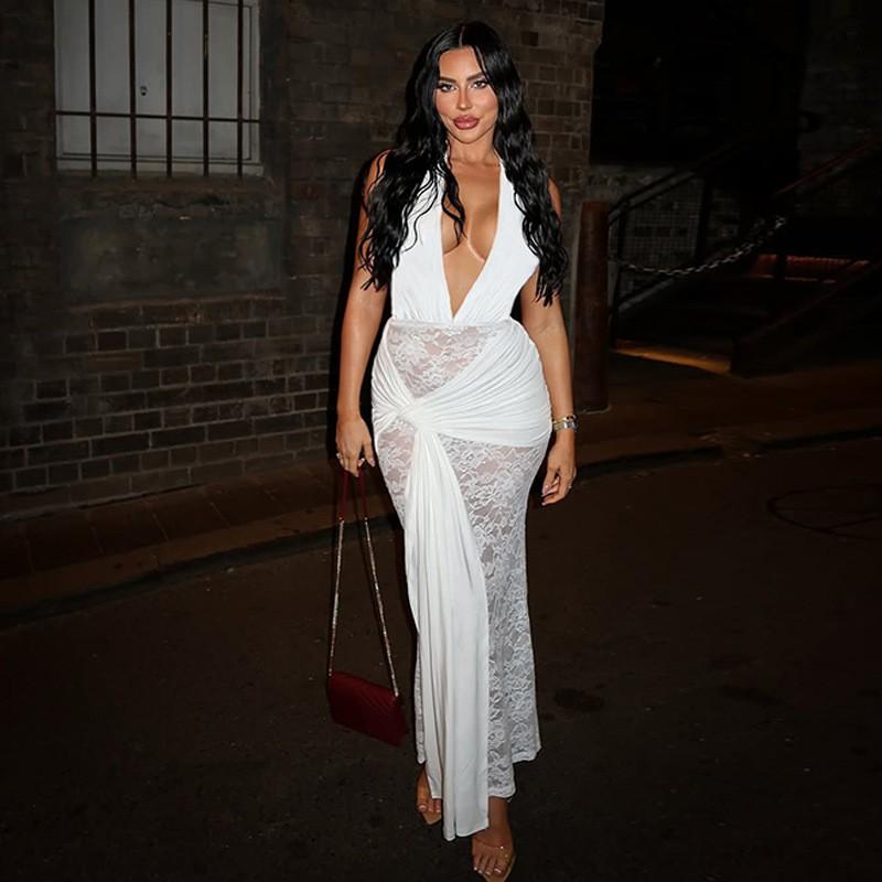 Winter Sexy Lace Cutout Backless Maxi Dress Halter Deep V-Neck Slim Fit Party Date