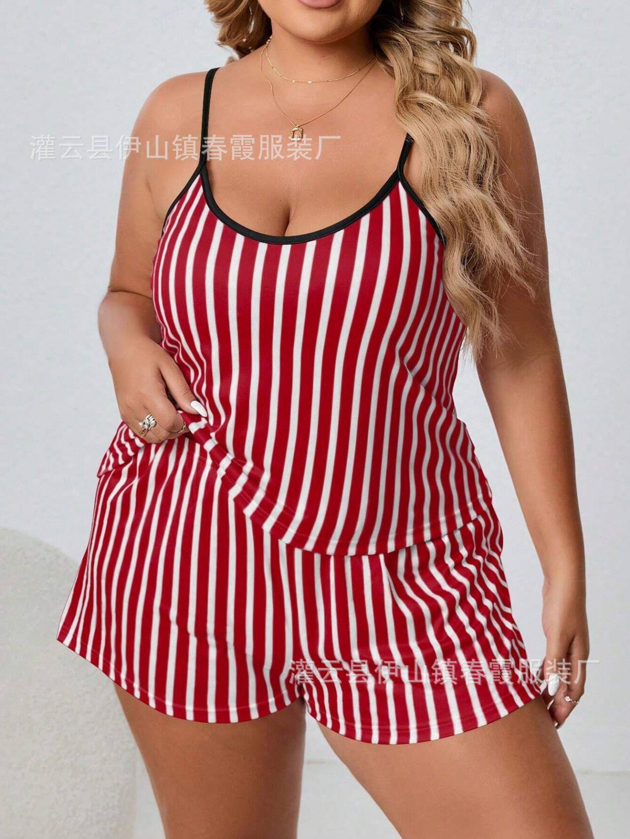 

European and American popular sexy striped suspender printed shorts large size casual women s loungewear cover S красный