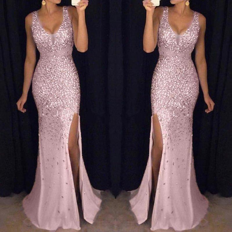 Rochie cu crăpătură înaltă Femei Paiete Bal de Promovare Elegantă Doamnă Rochie Sexy Fără Spate Dama Aur Elegantă Domnișoară de Onoare Decolteu în V Rochie Lungă