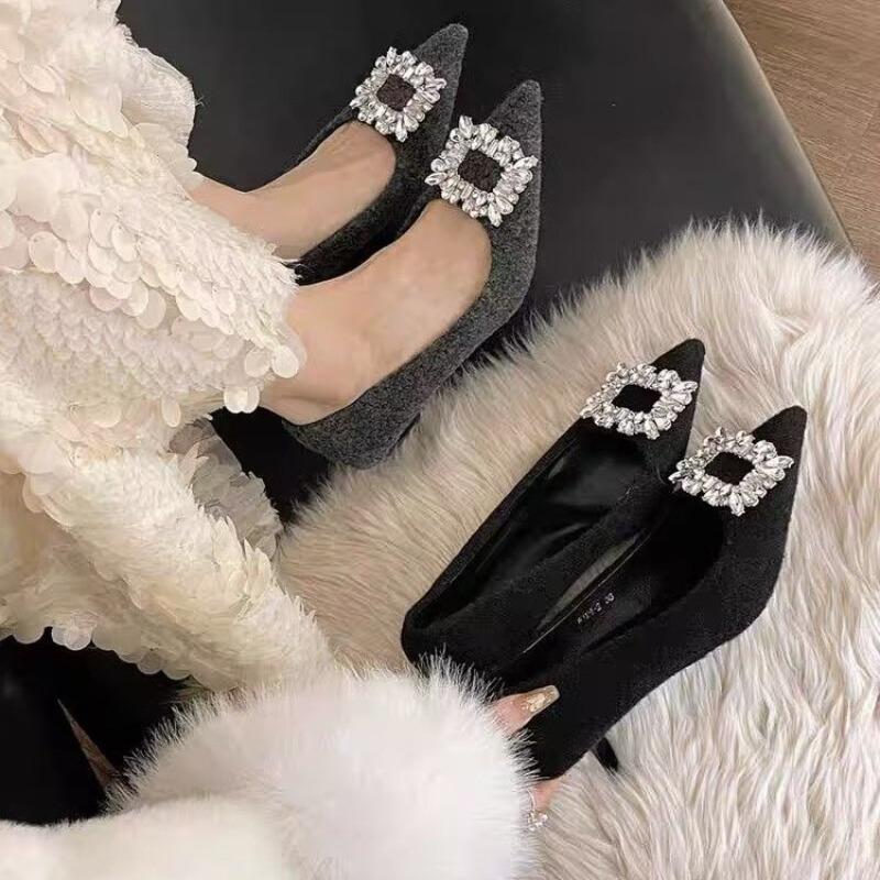 Fashion Women's Slim Heel Shoes Spring New Pointed Head Shallow Mouth Suede Glitter Buckle Anti-slip Wear-resistant Low-top Shoes