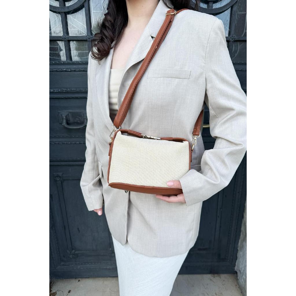 Linen Medium Size Women's Hand And Shoulder Bag Santorini Brown With Gold Lock Accessories