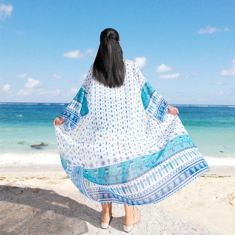 

Thailand Seaside Wear Sun Protection Cardigan Desert Photography Clothes Sanya Vacation Outdoor Shawl Bohemia Blouse Sky Blue M