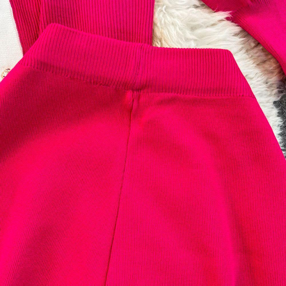 JPNTKY Fashion Set: Long-sleeved, Contrasting Color, V-neck Knitted Cardigan, Two-piece Set, High-waisted, Straight-leg, Wide-leg Pants