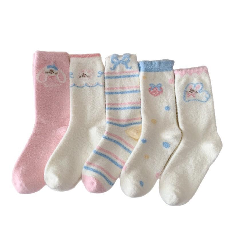 Pink Australian Fleece Socks For Women Thickened And Warm Strawberry Cartoon Bunny Bow Socks Sleeping Floor Socks