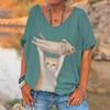Summer Women Funny Cartoon Cat T-shirt Fashion V-Neck Tops Tees Female Casual Short Sleeve Clothing Ladies Vintage Outfit