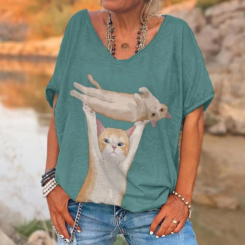 Summer Women Funny Cartoon Cat T-shirt Fashion V-Neck Tops Tees Female Casual Short Sleeve Clothing Ladies Vintage Outfit