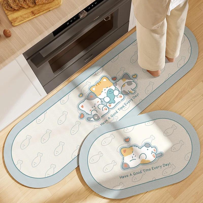 Fiber Leather Natural Rubber Kitchen Floor Mat, Soft Q-elastic Long Kitchen Mats Absorbs Water, Oil and Non-slip Foot Pads