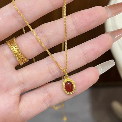 Small and Exquisite Red Zircon Pendant Light Luxury Oval Collar Chain New In Minimalist Style Necklace Party  Gift