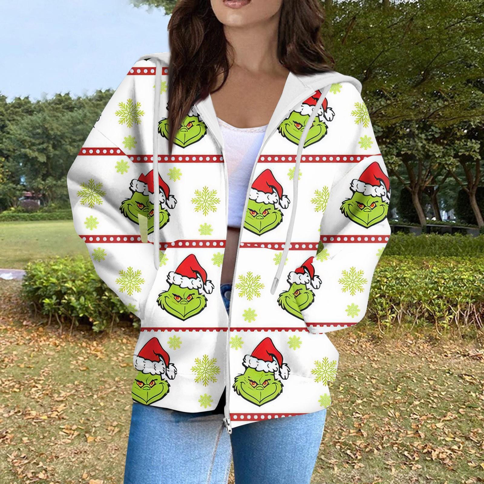 

Женская модная повседневная толстовка с рождественским принтом и длинными рукавами, карманная куртка, пальто с капюшоном на молнии XL