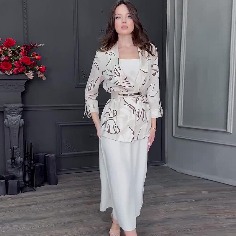 2024 Autumn Fashion Print Lapel Shirt and Half-Length Skirt Set