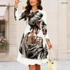 Women Plus Size Round Neck Long Sleeve Midi Dress Fashion Portrait Figure Text Print High Waist Swing Dress