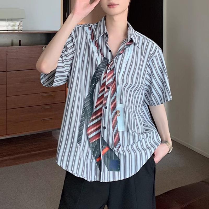 

INCERUN Men Lapel Neck Short Sleeve Tie Striped Print Casual Loose T-shirts Shirts S чёрный