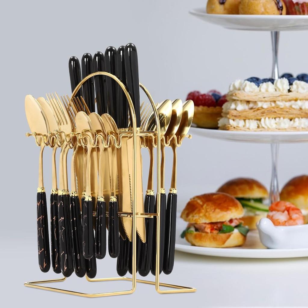 24pcs Mixed Cutlery Set Stainless Steel Ceramic Handle Tableware Dinnerware Set with Storage Stand-Knives/Spoons/Forks/Teaspoons for Family