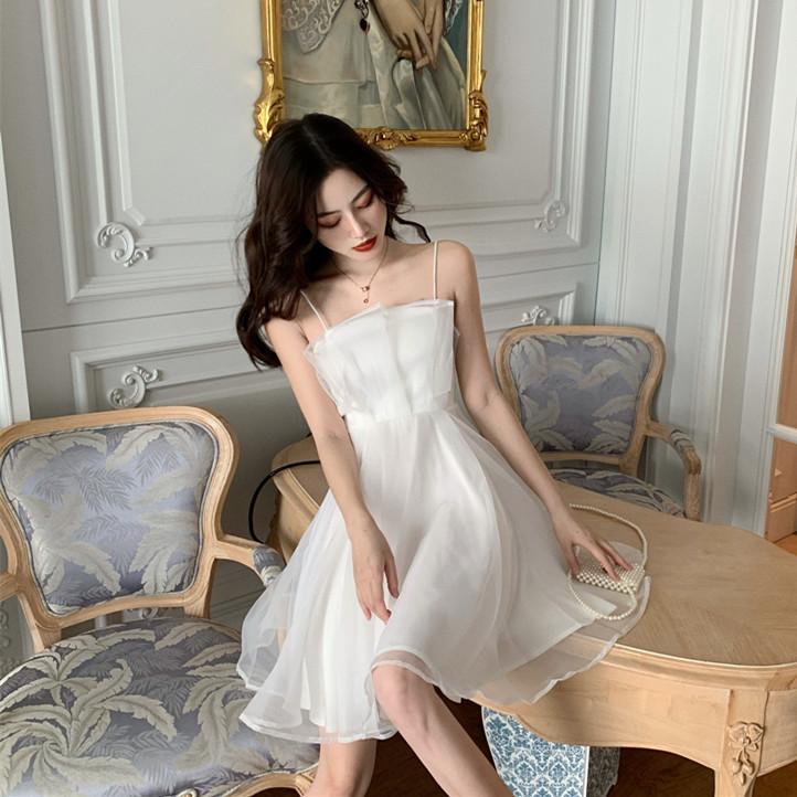 Sweet Fairy Halter Dress Short A-Line Skirt Waist-Cinching Slimming Elegance Korean Style Casual Spring Summer Women's Dress