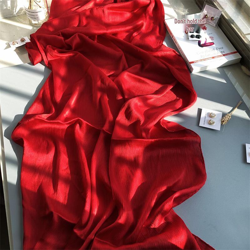 2023 Natural Wrinkled Solid Color Long Crepe Silk Scarf WJA14