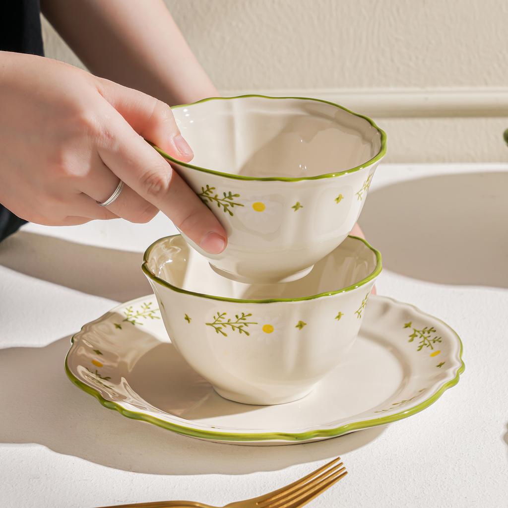 Lace Small Fresh Tableware High Value Ceramic Bowl Underglaze Color Household Bowl Set Large Capacity Binaural Bowl