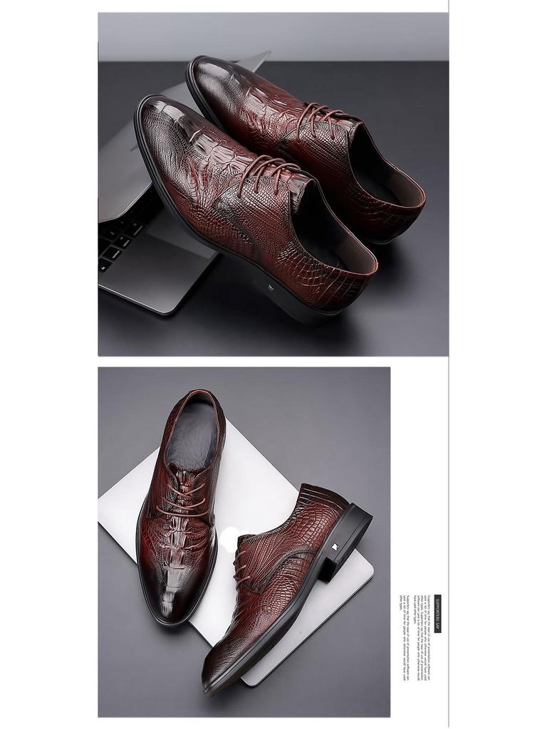 Men's Genuine Cowhide Leather Shoes - British Style, Crocodile Pattern, Pointed, Formal Business Shoes, Brown.