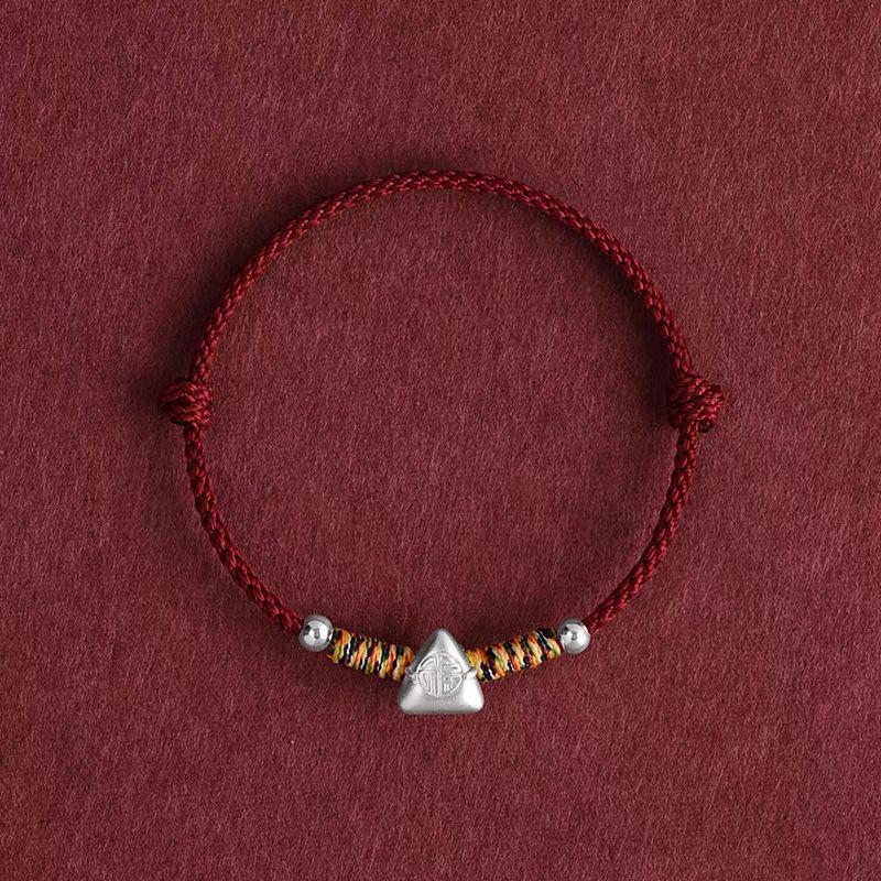 Sterling Silver Dragon Boat Festival Bracelet with Zodiac Fu Charm & Five-Color Red Rope.
