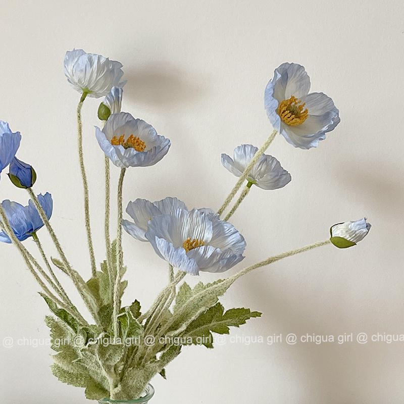 Blue Iceland Poppy Silk Flower Bouquet for Living Room Decoration