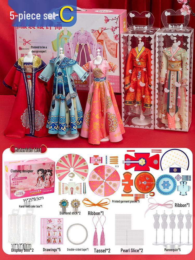 Children's DIY Fashion Design Hanfu Doll Set - Birthday Gift for Girls Ages 6-10, Features 7 Chinese Style Dress-Up Options