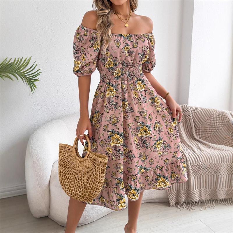 Off-the-shoulder Floral Print Vacation Beach Dress Women Ruffled Spring Summer Short-sleeved