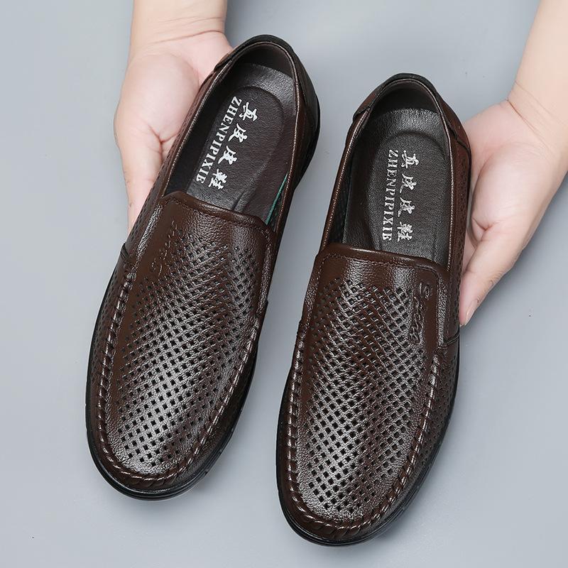 Sandals men's new summer breathable hollow leather shoes men's genuine leather soft-soled casual dad shoes