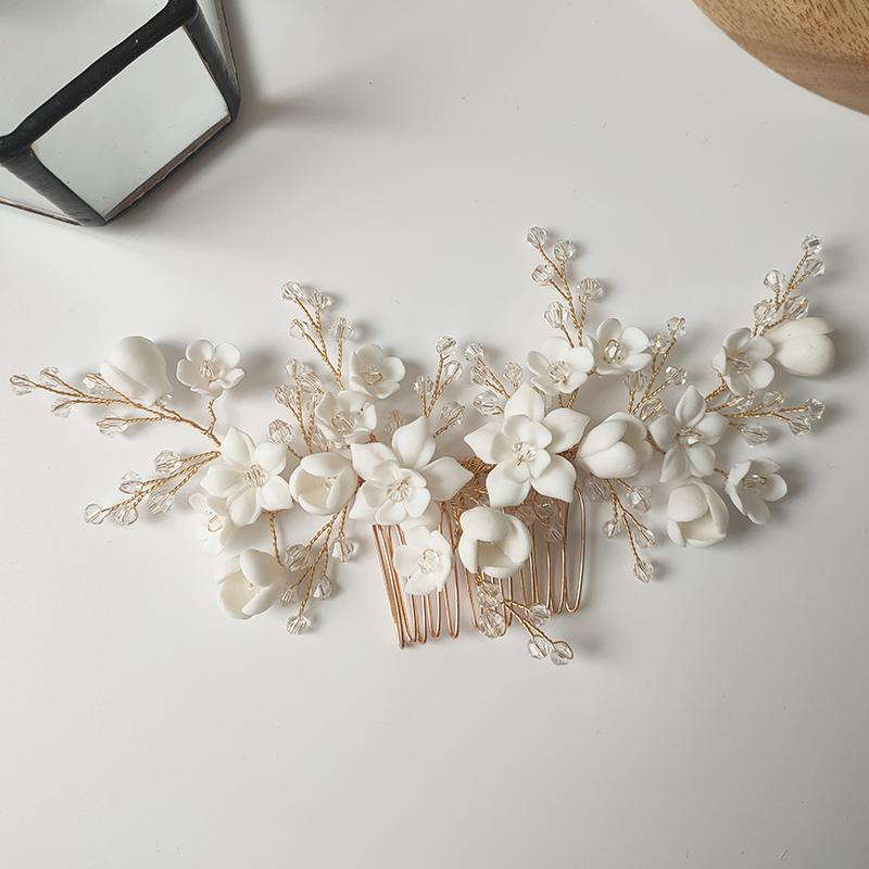 Stock Ceramic Flower Blossom Bridal Hair Comb Clay and Crystal Decorated Hair Accessories for Weddings
