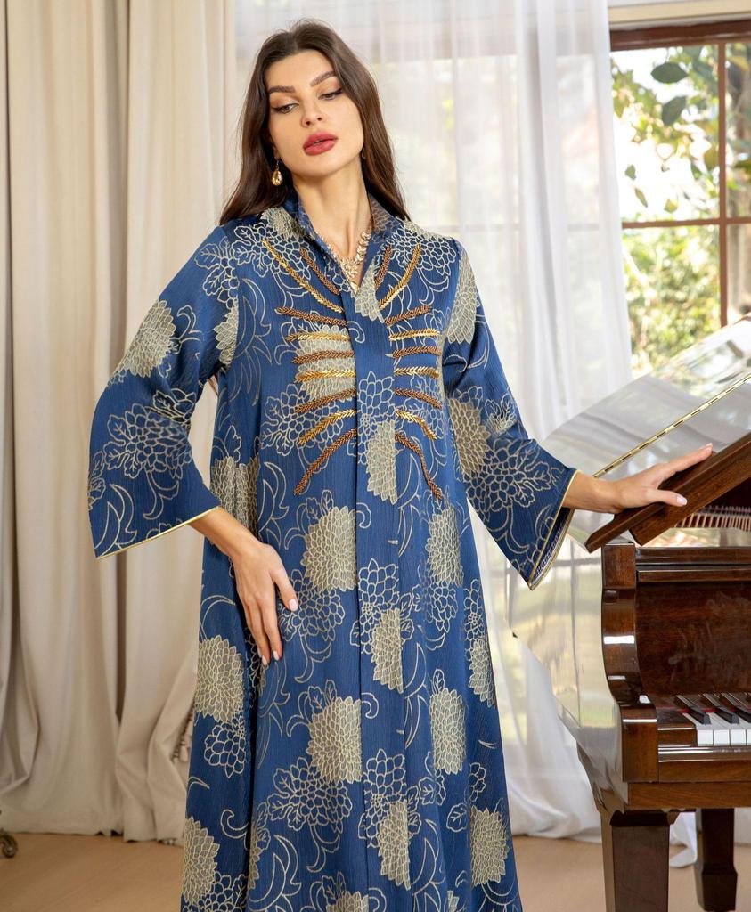 AB402 V-Neck Jacquard Beaded Dubai Dress - Women's Middle Eastern Muslim Robe