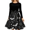 Women's Casual Halloween Print Retro Dress Long Sleeve Round Neck Vintage Style Midi Dress with Belt and Flared Skirt Suitable for Seasonal Wear