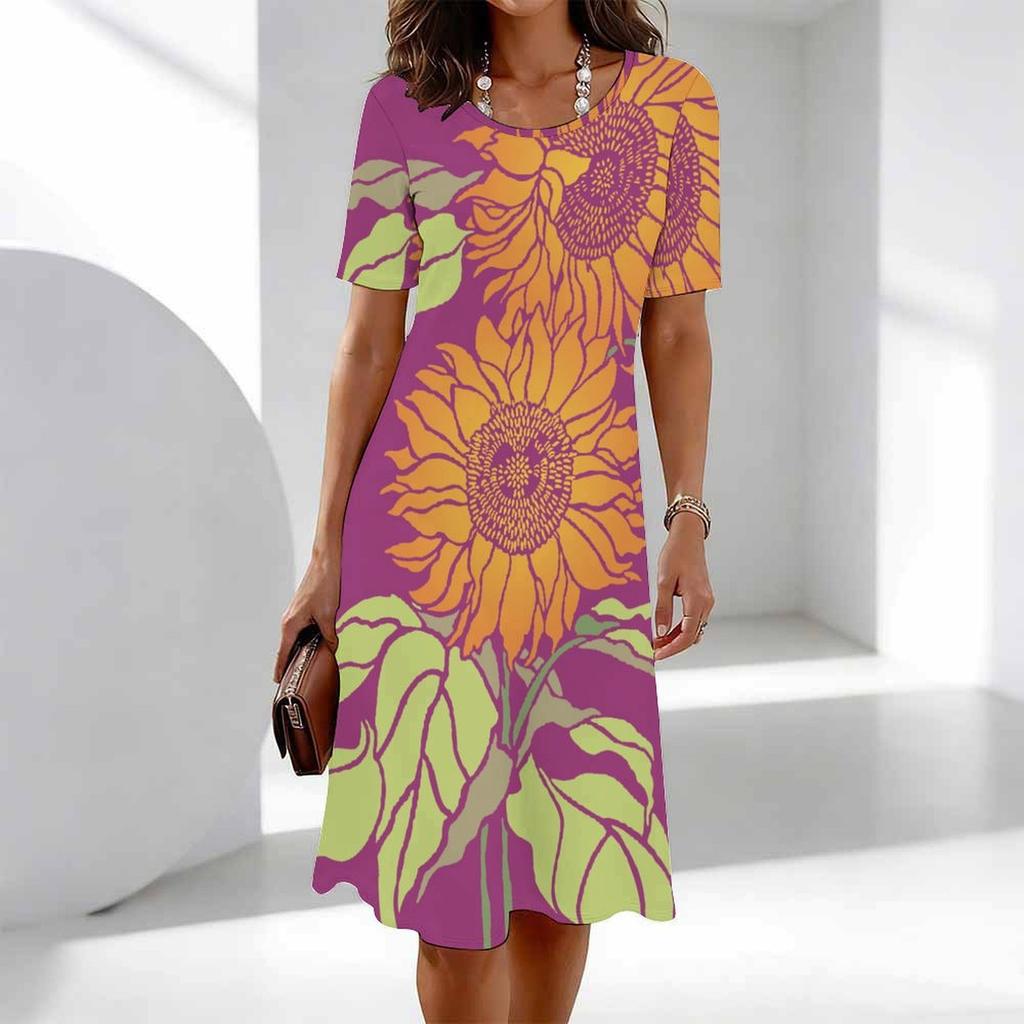 Women's Fashion Graceful Beautiful Flower Print Summer Spring Short Sleeve O-Neck Casual Dresses