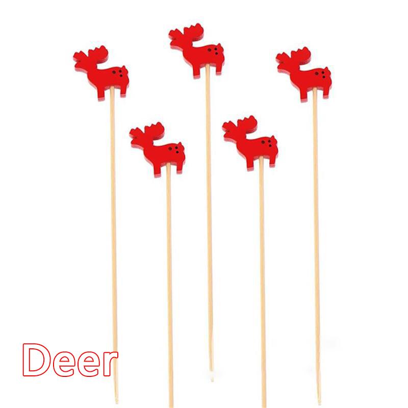 50Pcs/set Christmas Fruit Sticks Disposable Bamboo Sticks Snowflake Christmas Tree Elk Santa Claus Snowman Sticks Xmas Ornaments