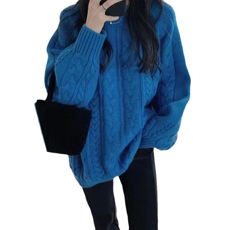 Soft Waxy Solid Color Twist Sweater for Women's Autumn and Winter New Loose Retro Lazy Style High-end Blue Pullover Top for Women