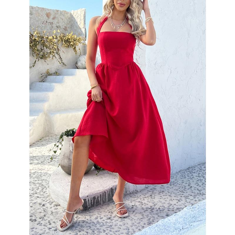 Women Vacation Style Solid Color High Waist Sleeveless Hanging Neck Long Dresses
