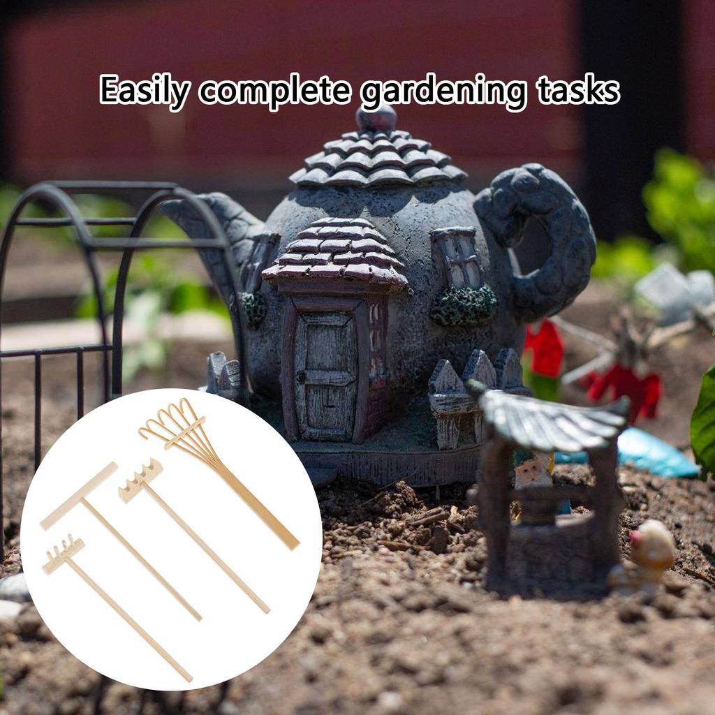 4pcs Garden Sand Rake Set Miniature Wood Handle Tools for Home and Office Decoration Meditations Rake Accessories