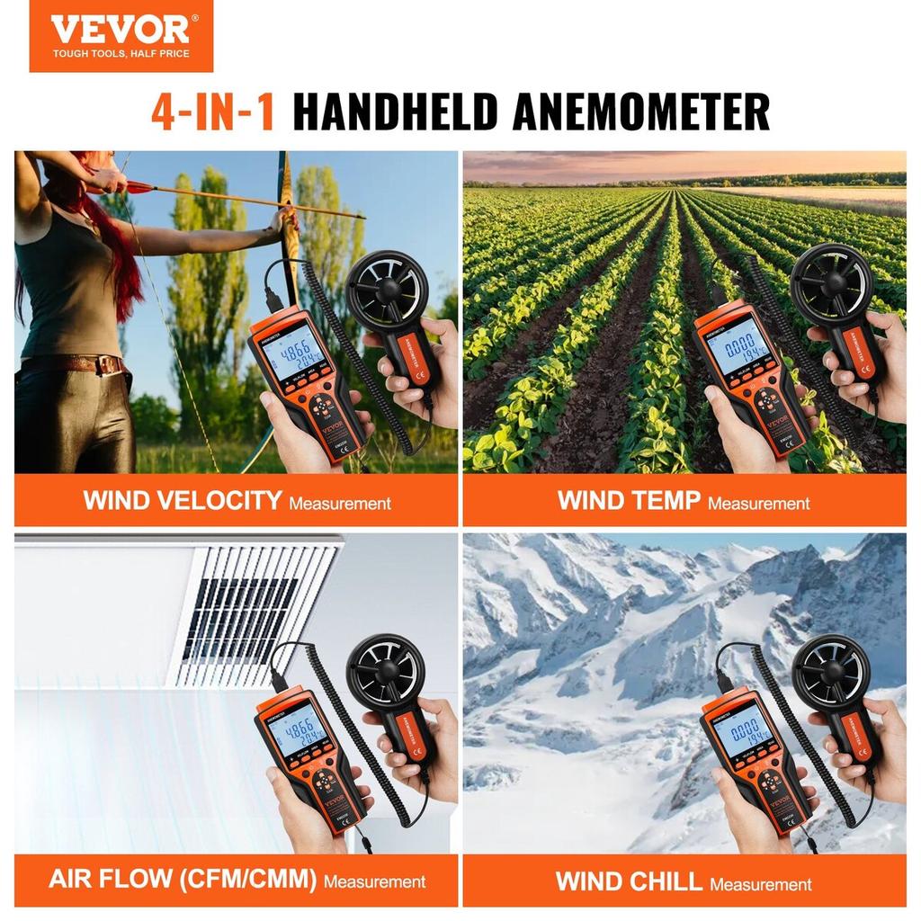 Dělený ruční anemometr, 14℉-140℉, Digitální měřič rychlosti větru CFM s LED podsvíceným displejem, Měří rychlost větru, teplotu větru, průtok vzduchu