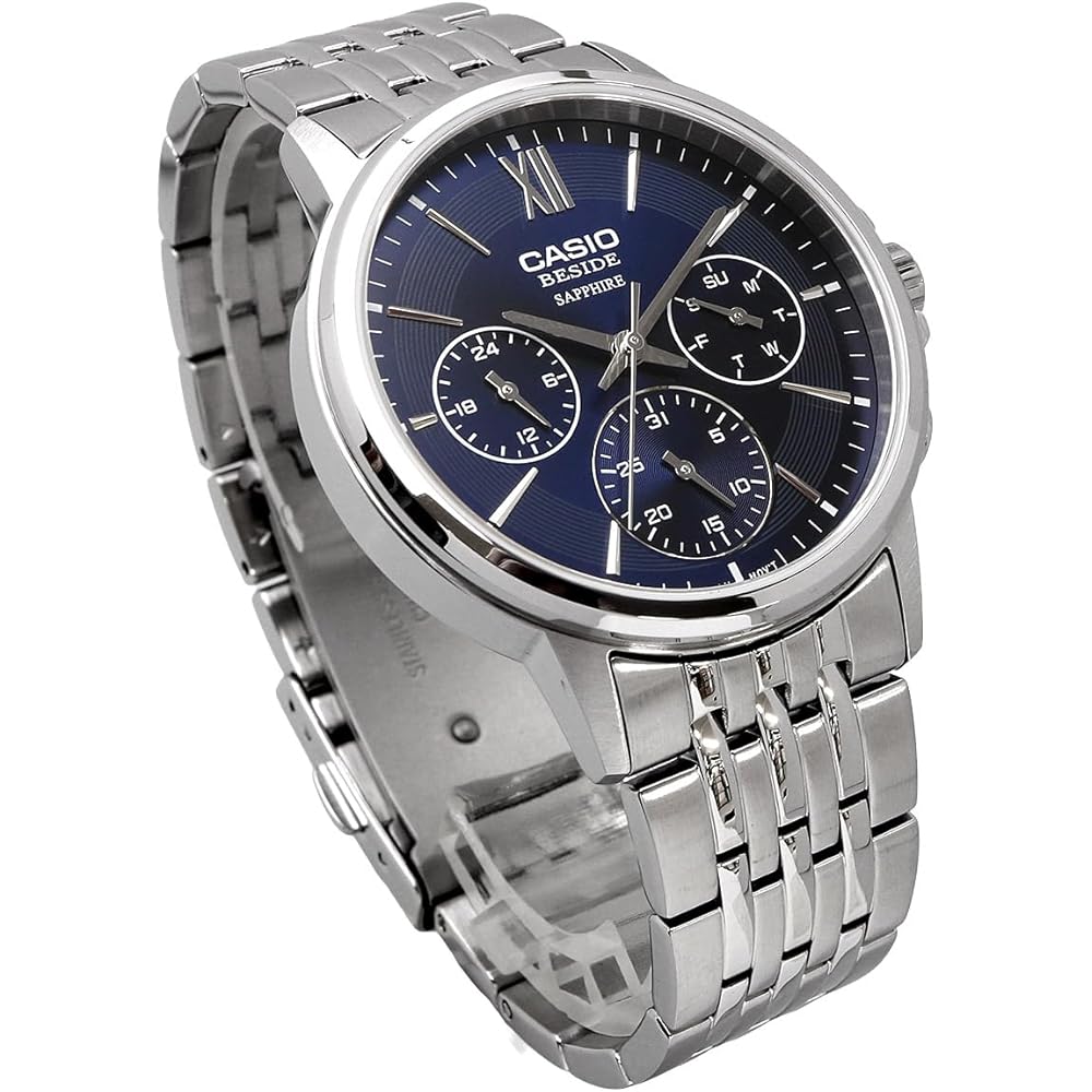 Casio Beside Quartz Men's Watch Sapphire Glass BMS-300D-2AV Stainless Steel Band 24-Hour Display Navy