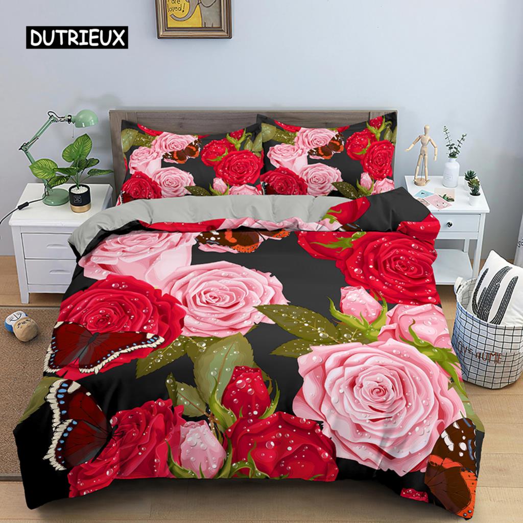 3D Rose Flower Duvet Cover Double 210x210 Bedding Set 2/3pcs Quilt Cover with Zipper Closure King Size Polyester Comforter Cover