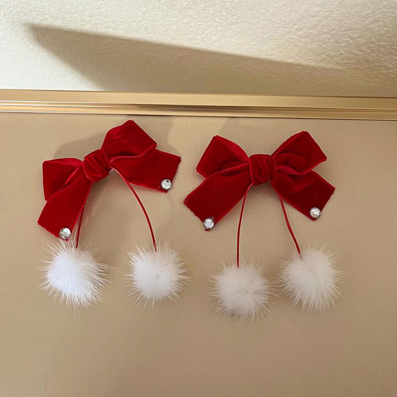 

Красные бархатные заколки-банты для девочки-принцессы, милые помпоны-сердечки, детские осенне-зимние заколки для волос, корейские милые заколки, новогодний головной убор