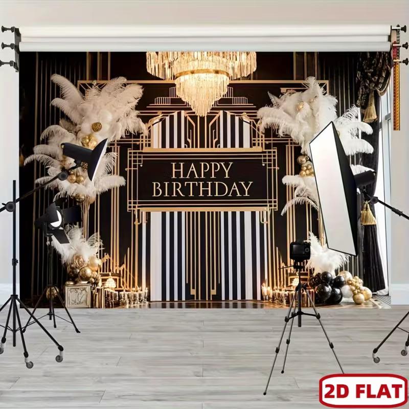 2D Art Deco Black Gold Birthday Backdrop, 1920s Party Photo Background 47.2x31.5inch/120*80cm