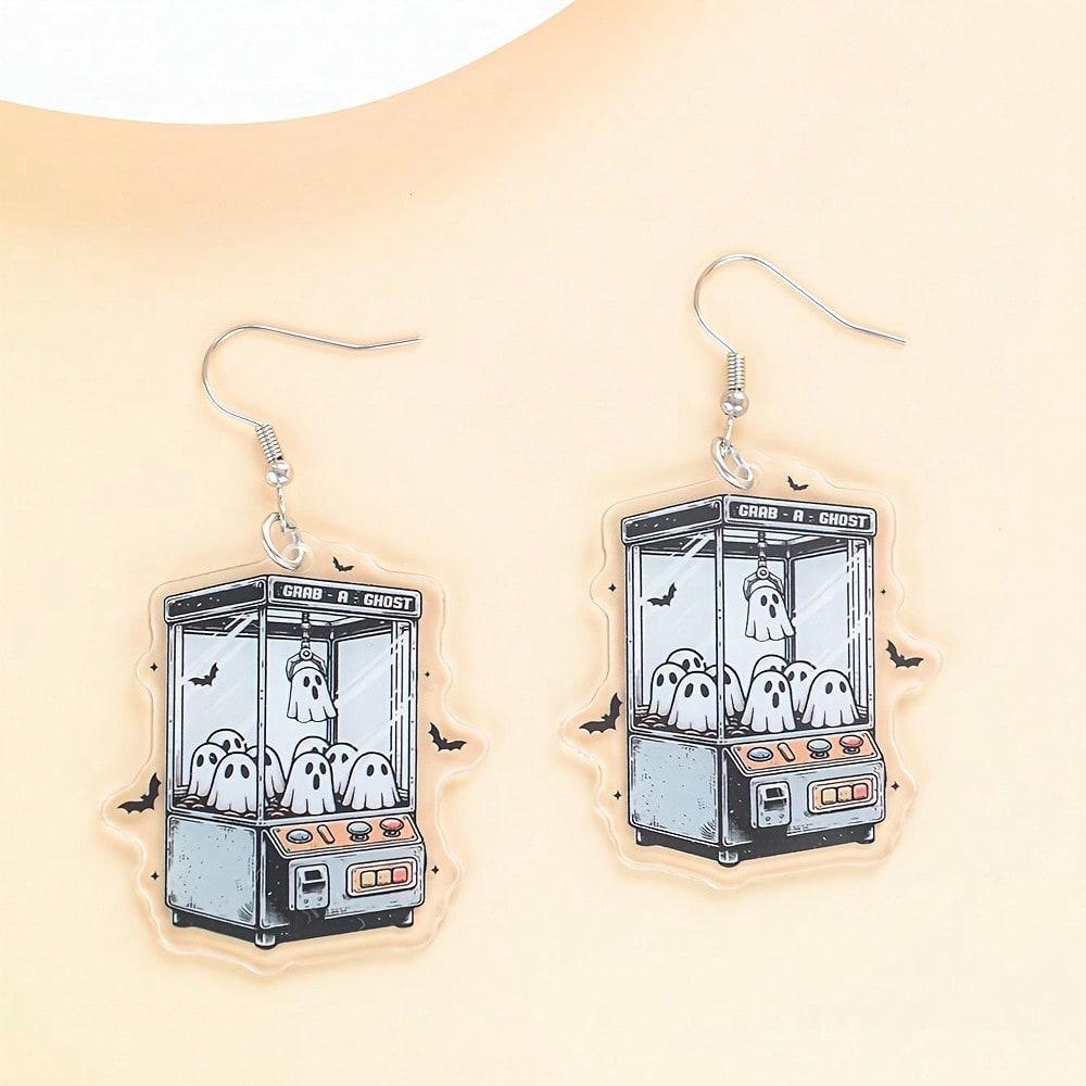 2D Charming Colorful Bow Tie Ghost Earrings, Acrylic Double-Sided Print Design, No Glitter, Cartoon Lightweight Earrings, Perfect Halloween Gift