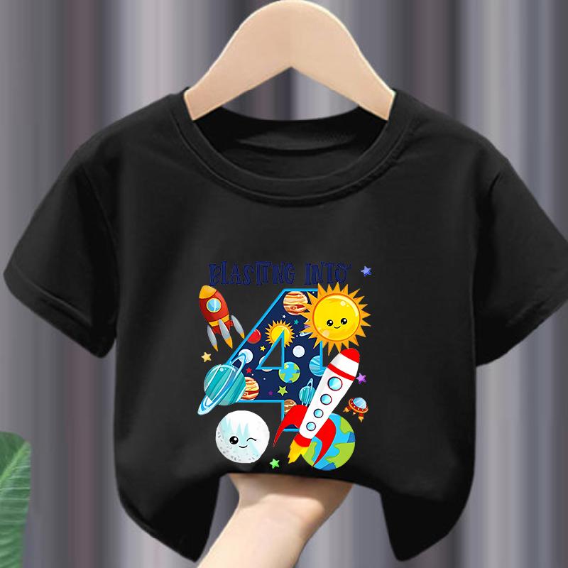 New Boys and Girls Clothing Outer Space Rocket Planet Printed Childrens Tshirt Birthday Round Neck Summer polyester fabric