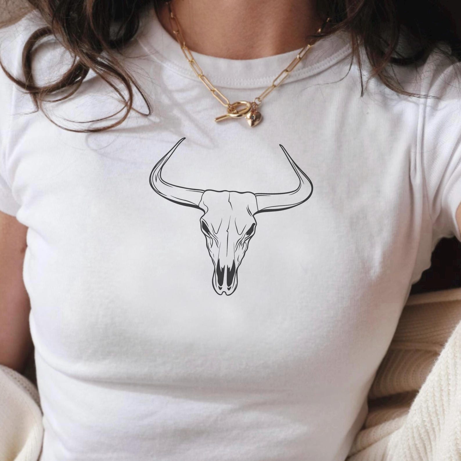 Y2k Cow Skull Baby Tee: Western Graphic Crop Top S