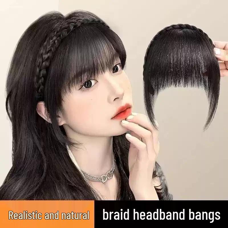 Women's Real Hair Wig with Braided Bangs, Seamless Front Hairline, Hairband To Conceal Top White Hair