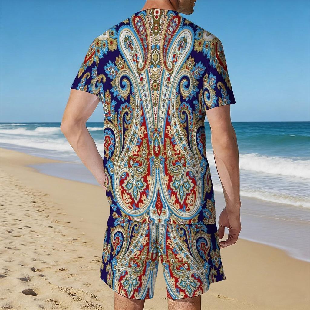 Men Vibrant Multicolor Vintage Paisley Print Short Sleeve Tee And Matching Shorts Two Piece Outfit