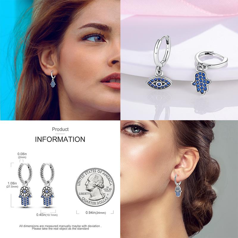 Original 925 Sterling Silver Hand of Fatima Blue Eye of Evil Hoop Earrings Cross Eardrop Earrings For Women Gift
