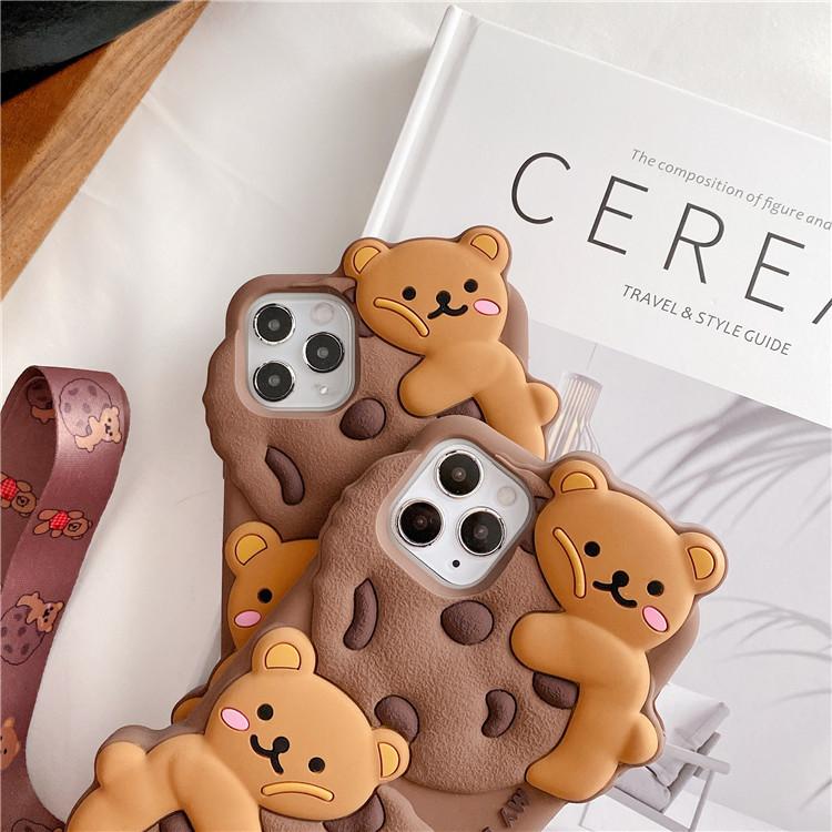 Cute Cartoon Cookie Bear Lanyard Phone Case For iPhone 17 16 15 14 Plus 13 12 11 Pro Max Shockproof Protective Cover