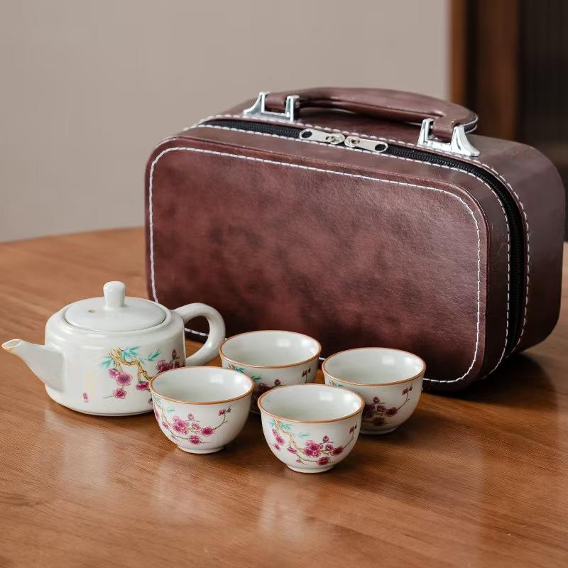 Ru Kiln Portable Ceramic Travel Tea Set One Pot Four Cups Kuaike Cup Storage Bag Outdoor Household Souvenir