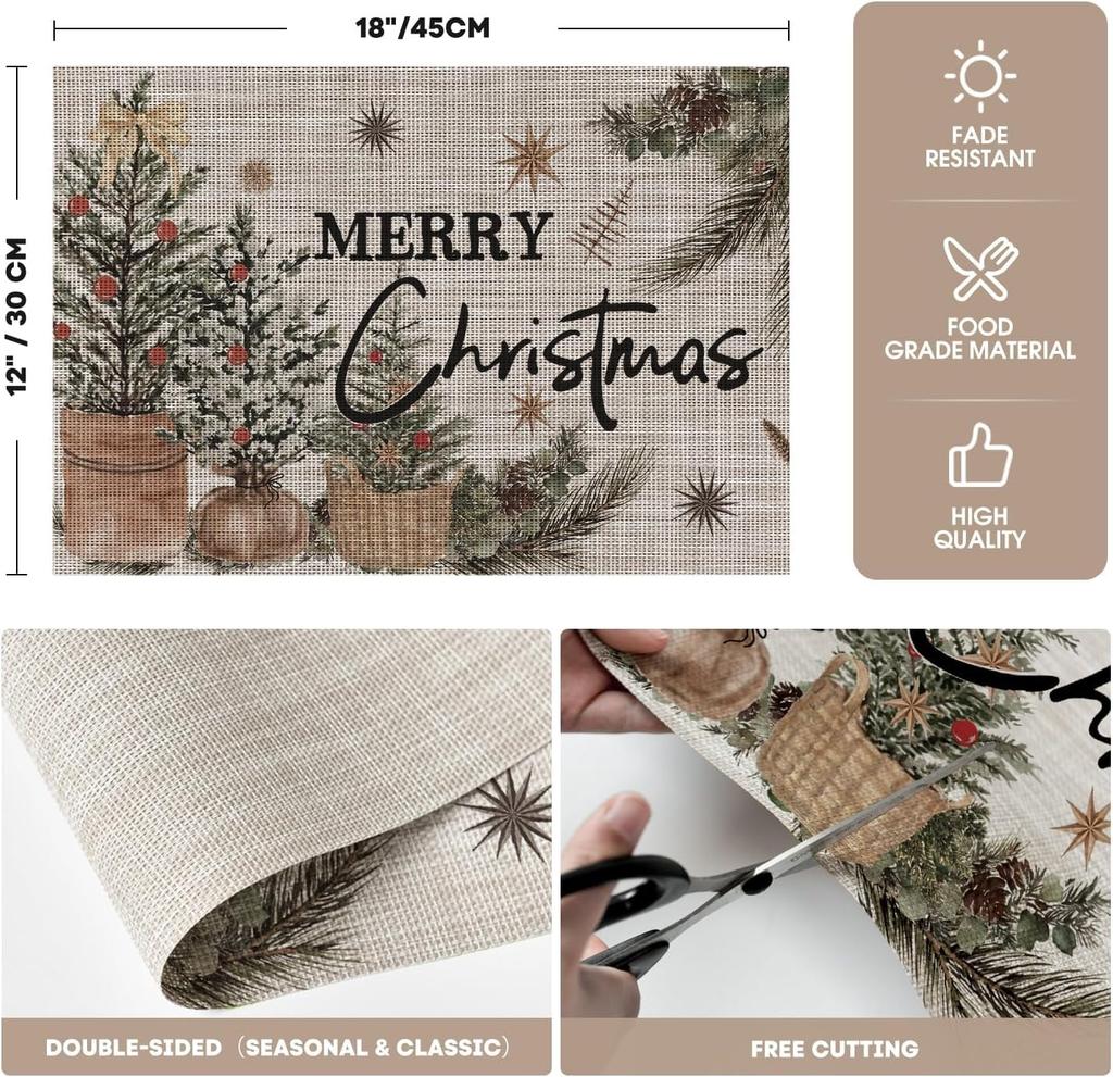 Xmas Trees Holly Pine Cone Vinyl Christmas Placemats Set of 4, 12x18 Inch Washable Plastic Non-Slip Woven Winter Table Mats